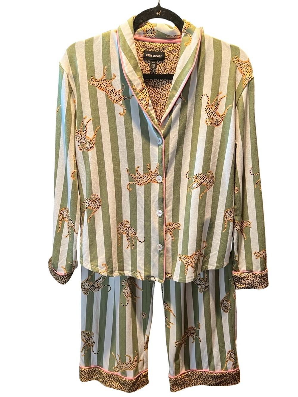 Room Service Green & White Striped Leopard-Print Women's Pajama Set